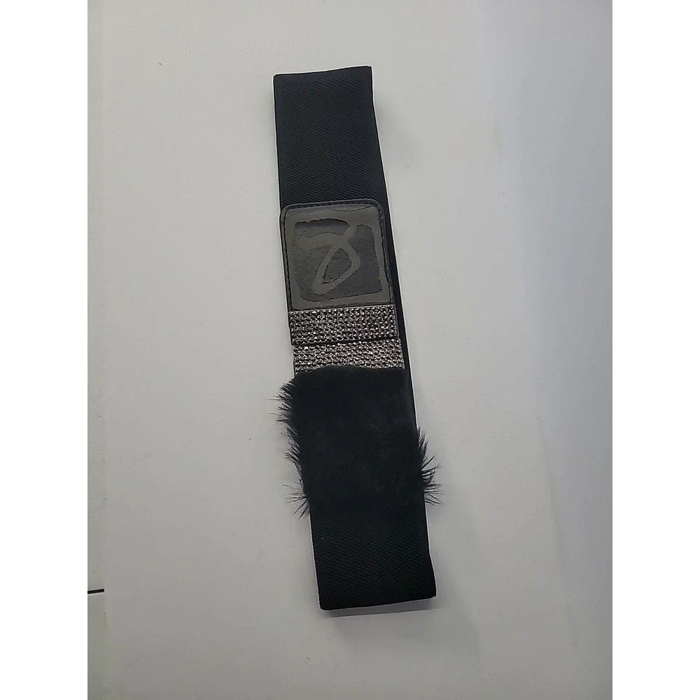 Vintage Black Faux Fur Rhinestones Stretch Belt Medium Large‎ Glam Statement